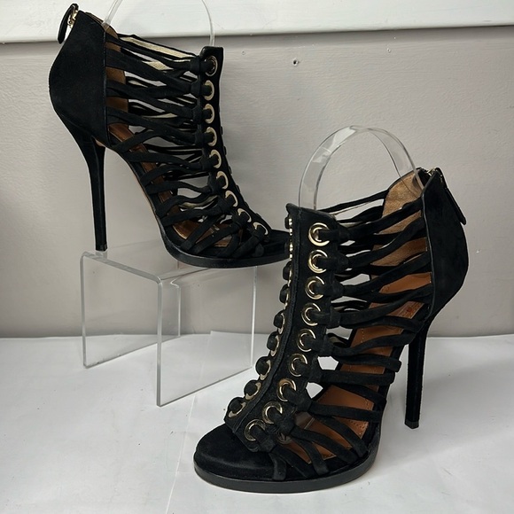 Givenchy Sz 38.5 Black Suede High Heel Peep Toe Strappy Back Zip Sandals Booties - Picture 1 of 11